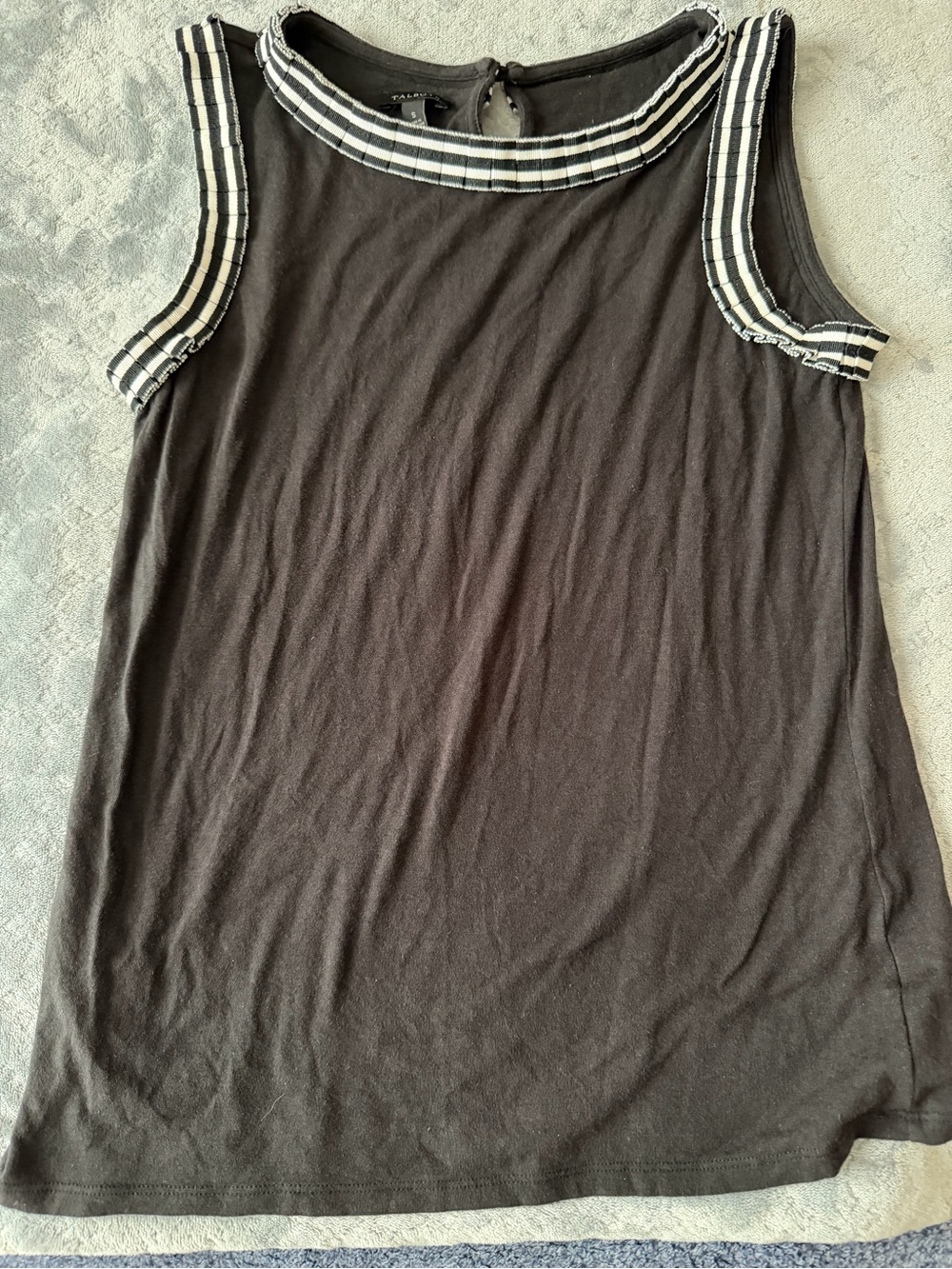 Talbots Black Sleeveless Top with Black and White Striped Ruffle Trim